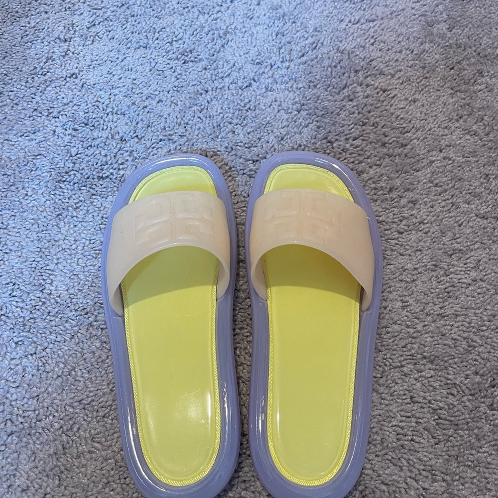 Tory Burch Cream and Yellow Sandals with Wide Band Design Bubble Jellies